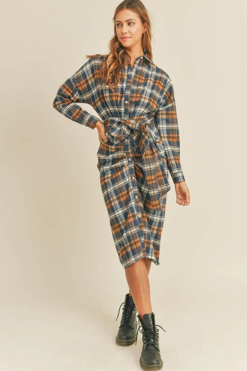 Mable Plaid Flannel Front Tie Button Down Shirt Dress Trendsi 3fce98f6-501c-4966-9578-3c43b443f0c7-Max