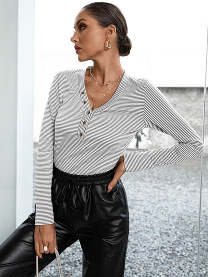 Ivy Lane Striped Buttoned V-Neck Long Sleeve Top Gray Trendsi 3fe473adb4134e11a27209e0b0209c47-Max