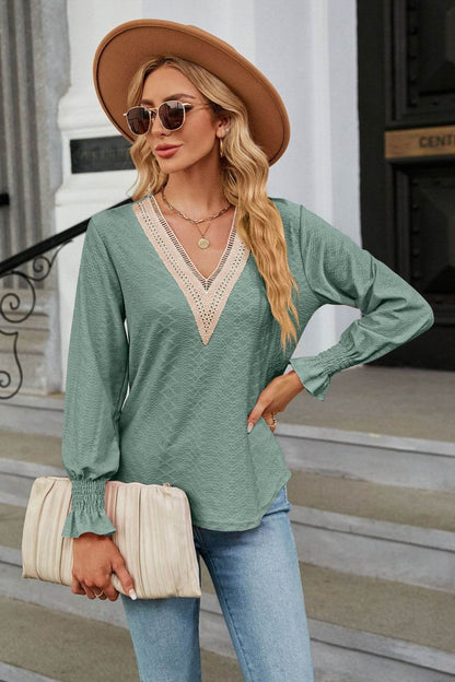 V-Neck Flounce Sleeve Blouse Trendsi 3fe8963a4b784a56838aadd83b2f8006-Max