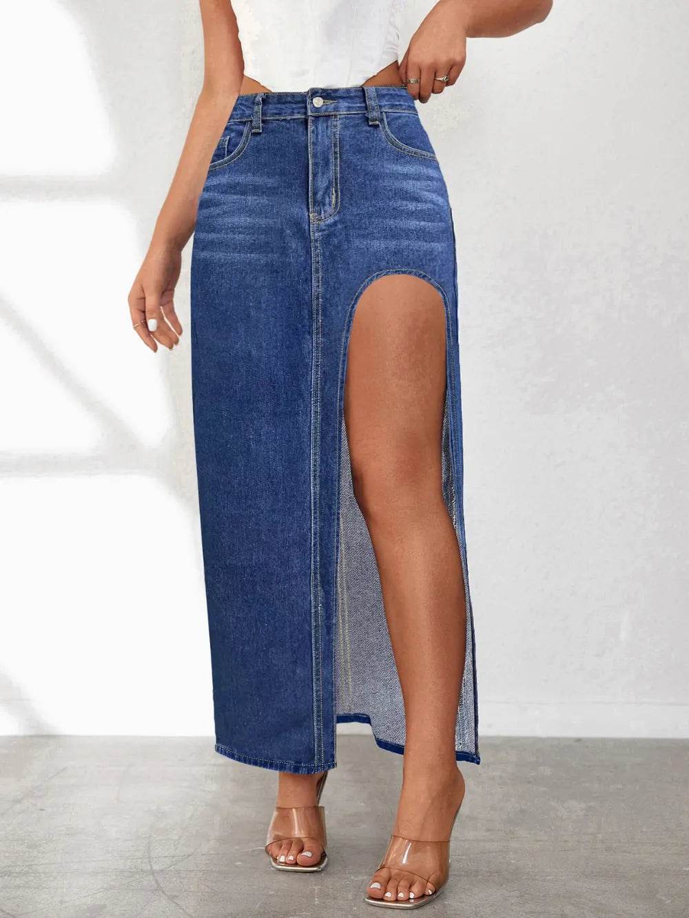 High Rise Slit Denim Skirt Dark Blue Trendsi 3ff70935-e8b8-4ed1-b9ca-7931a634e7e3-Max