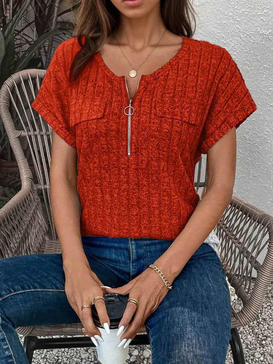 Zip-Front Short Sleeve T-Shirt Trendsi 40085e8395444bed987515a0f40d972b-Max-Origin