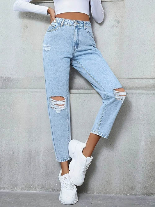 Distressed High Rise Jeans with Pockets Light Trendsi 401a3ccb-7d79-4f31-951b-6543c6e0cfa8-Max