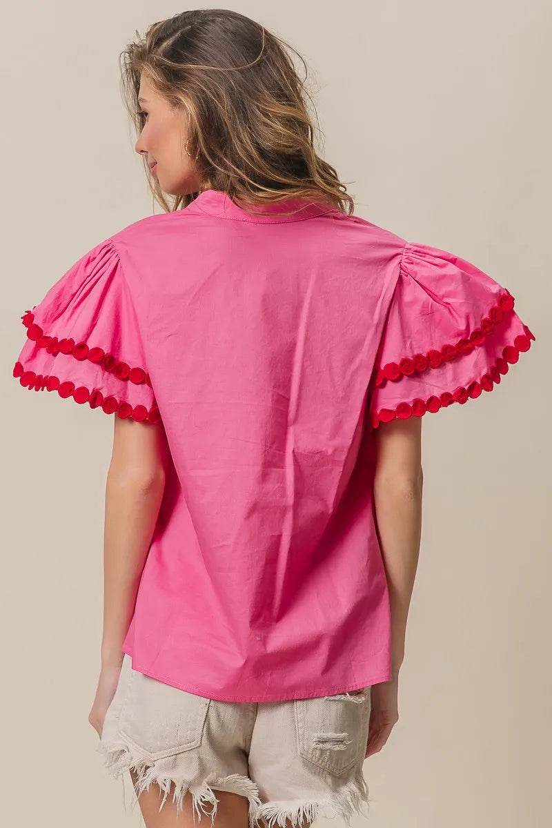 BiBi Dot Trim Flutter Sleeve Notched Top Trendsi 4058b5488ab641a99f35ccd7d6a1dd6c-Max-Origin