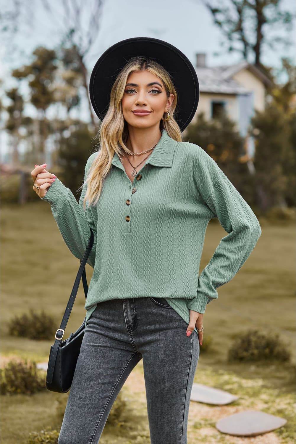Collared Neck Long Sleeve Blouse Trendsi 4061edfeff704d01b6c99330bb10afeb-Max