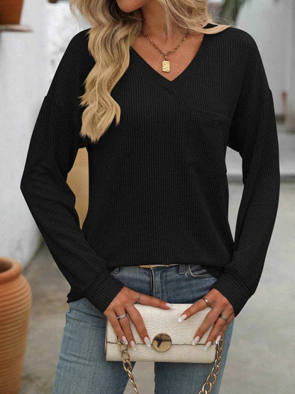 Ribbed V-Neck Long Sleeve T-Shirt Black Trendsi 40675190-295f-4ca7-bac9-09d6e52da42d-Max-Origin