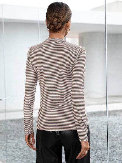 Ivy Lane Striped Buttoned V-Neck Long Sleeve Top Trendsi 40792e67e1bb4aa1bcb2b1becccf20a5-Max
