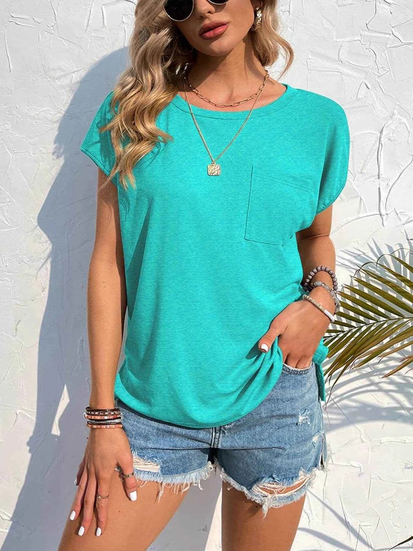 Side Slit Round Neck T-Shirt Aqua Trendsi 40b89392-e852-4ed6-bc98-d637045294bd-Max-Origin