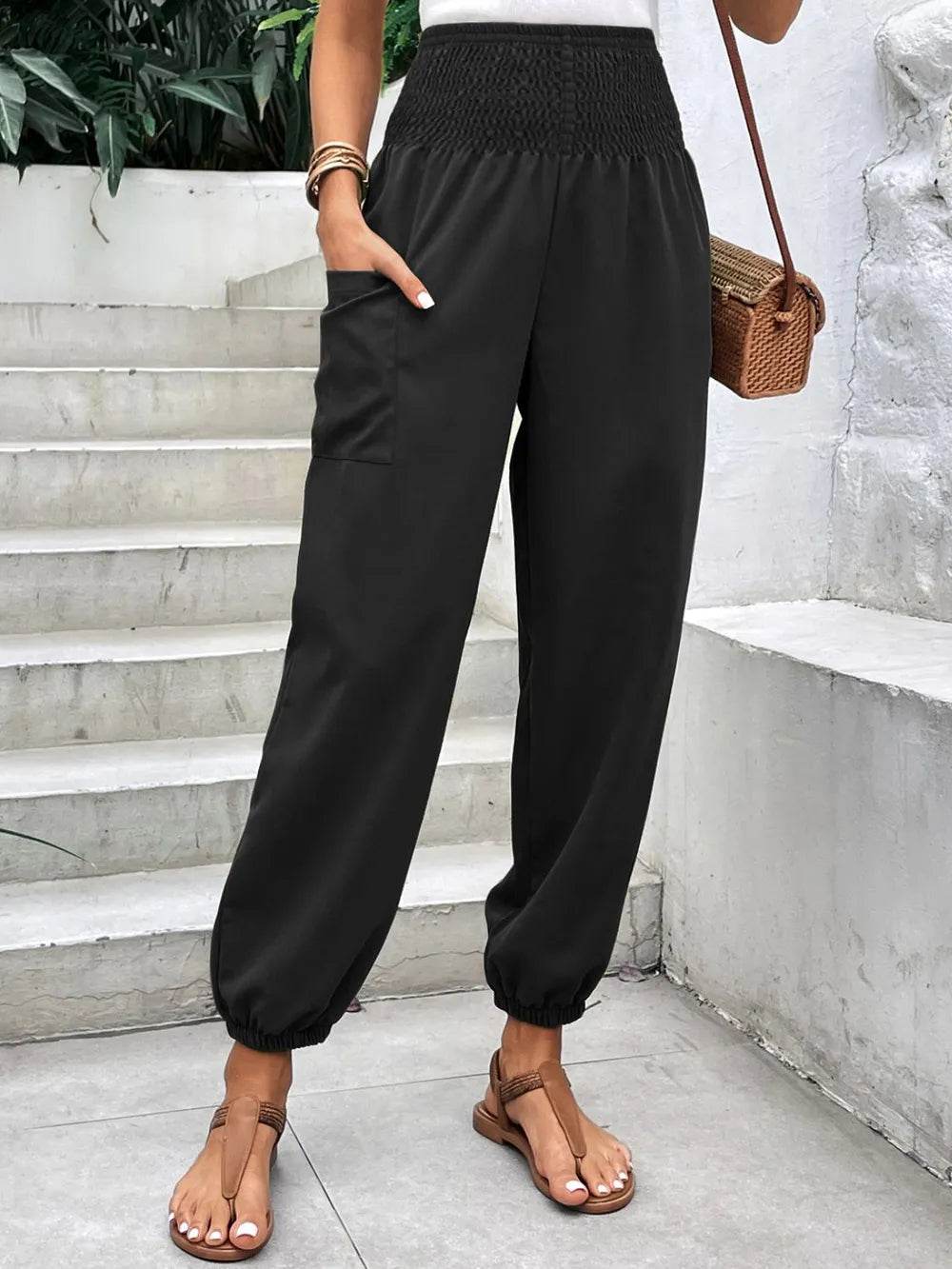 Smocked High Rise Joggers with Pockets Black Trendsi 40b92061-2e1f-4851-8164-9637b1d8059f-Max