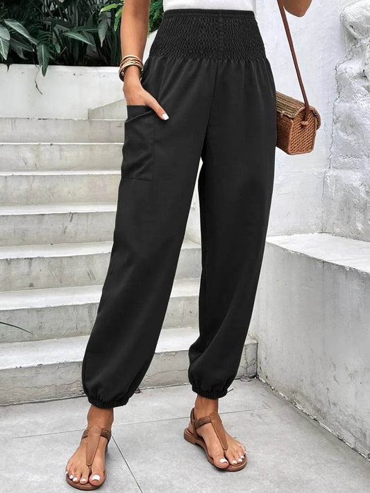 Smocked High Rise Joggers with Pockets Black Trendsi 40b92061-2e1f-4851-8164-9637b1d8059f-Max