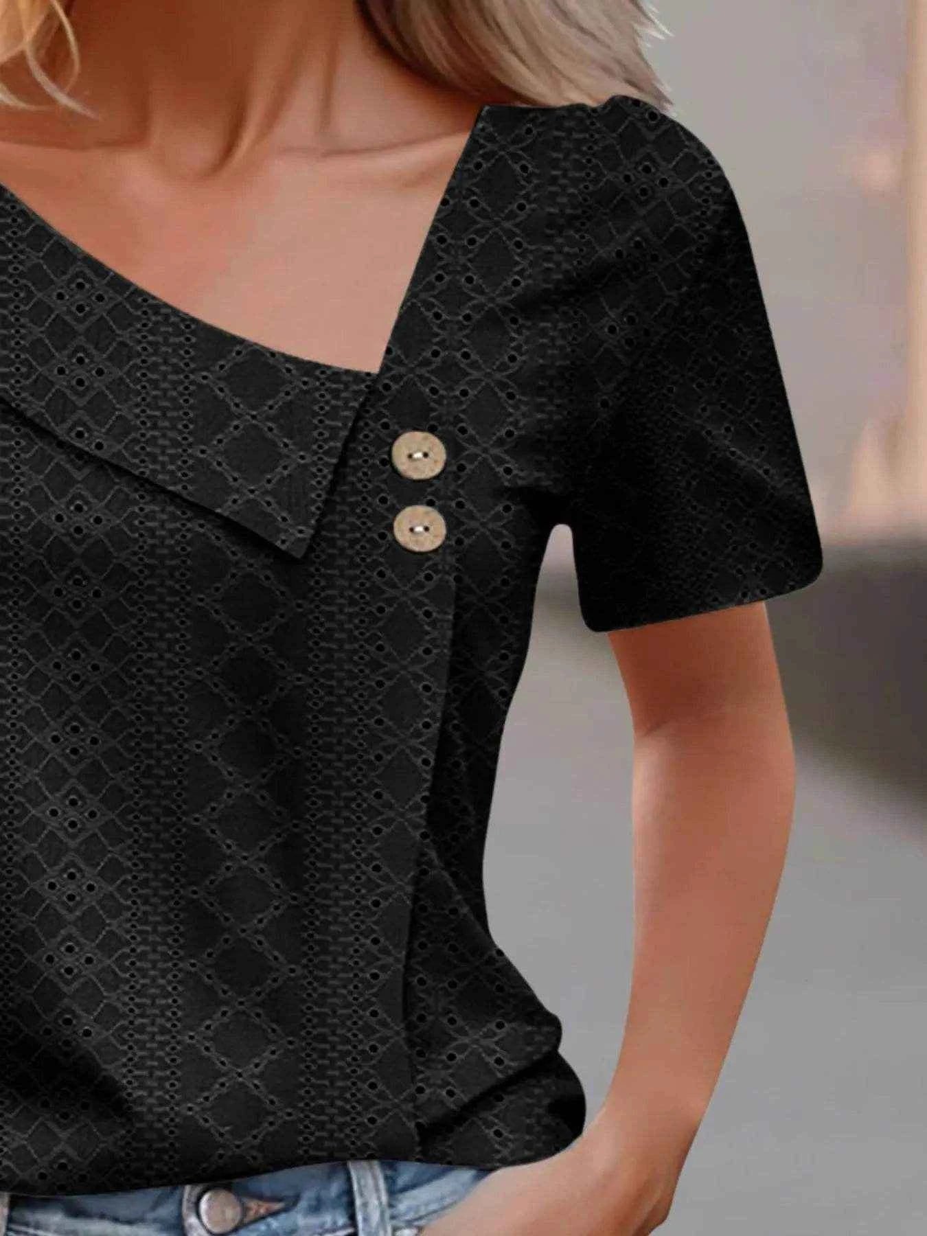 Eyelet Asymmetrical Short Sleeve T-Shirt Trendsi 40bf352e-7911-463e-bb41-fe779523d8d9-Max-Origin