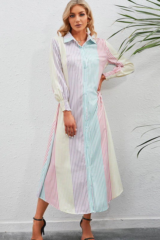 Rainbow Stripe Button-Up Maxi Shirt Dress Stripe Trendsi 40cb4a3d092540c6ac6a443d5f64f2f6-Max