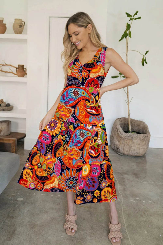 FAM-FAM Tiered Printed V-Neck Sleeveless Dress Multicolor Trendsi 40d8173c-2244-4e75-a212-889a8d0ff667-Max