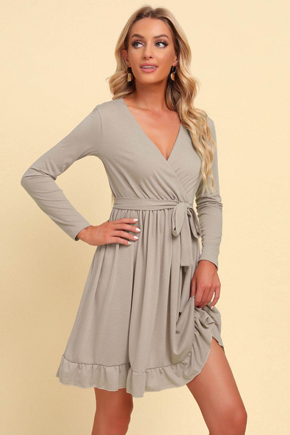 Long Sleeve Tie Waist Ruffle Hem Dress Trendsi 40e3a5d072e949718d5fa3feff8ce941-Max