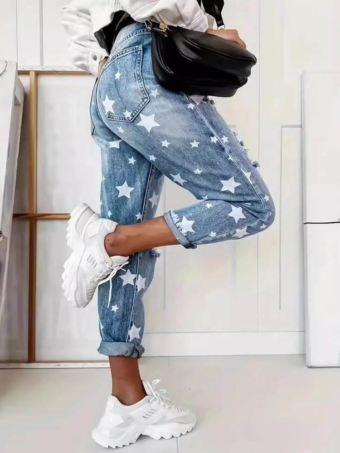 Star Print Distressed High Waist Boyfriend Jeans Trendsi 40f21b19514040a9ab5a5c2399565225-Max-Origin