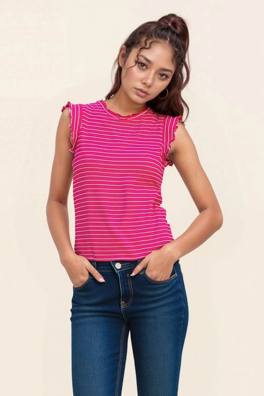 Zenana Ribbed Ruffle Trim Sleeveless Stripe Top HOT PINK WHITE Trendsi 4110ac5b-aec2-4559-84ed-6bd1af3a6317-Max-Origin