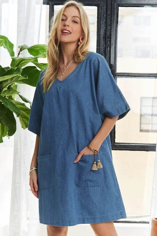 ADORA V-Neck Half Sleeve Mini Denim Dress Trendsi 411b0bc6-499b-40c6-be9c-d206c5aee543-Max