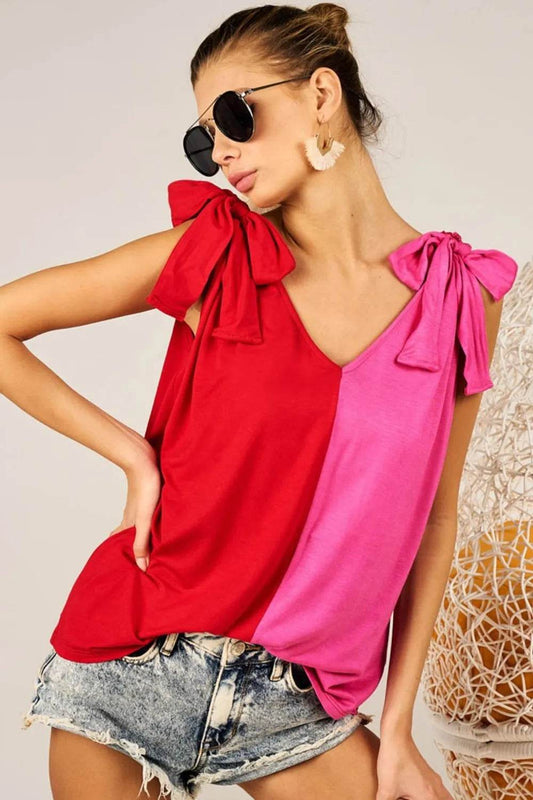 BiBi Shoulder Ribbon Tied Contrast Tank Red Fuchsia Trendsi 4121dc32-4768-472a-9df6-f51c35ceb053-Max