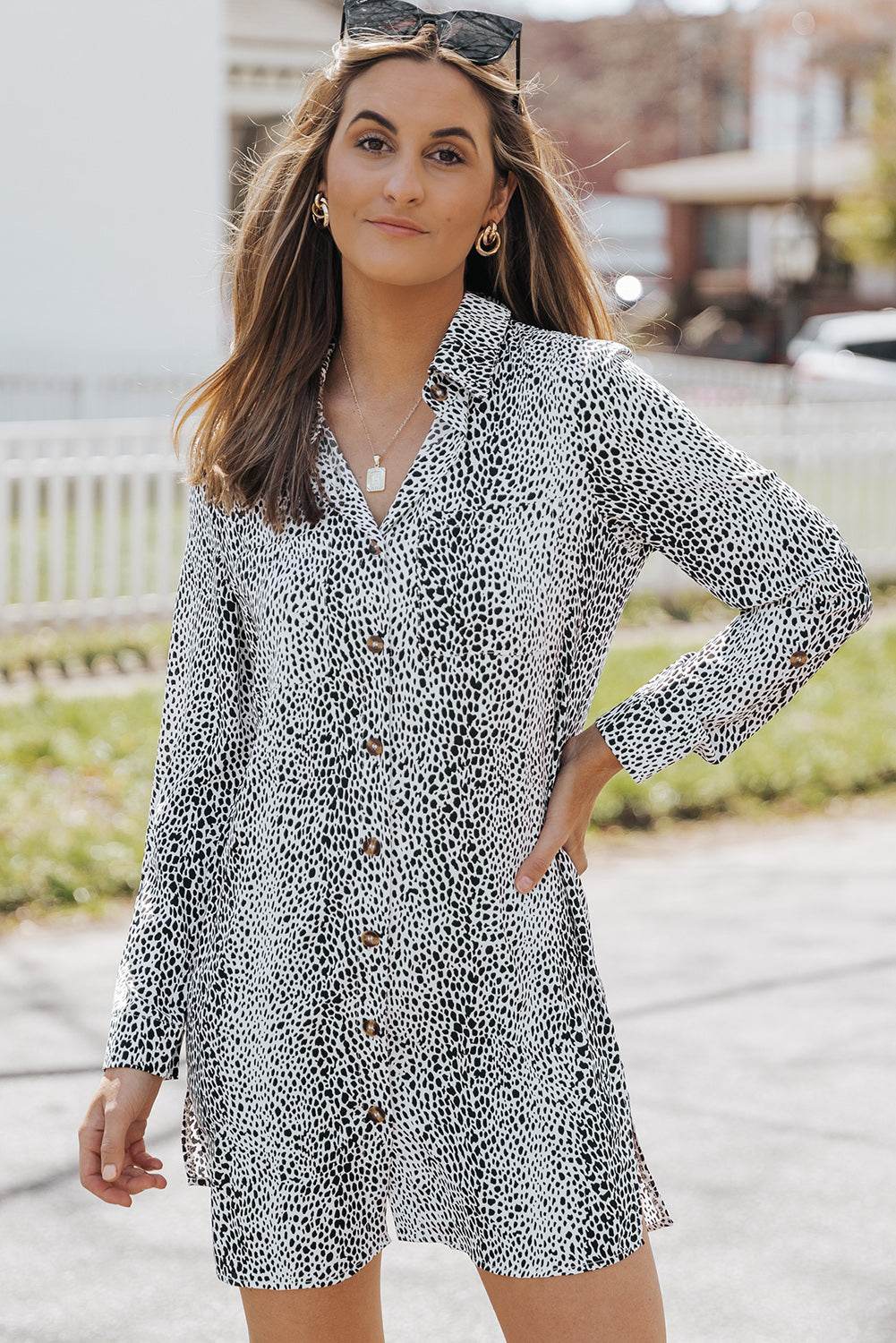 Printed Collared Neck Slit Mini Dress Black Trendsi 415a54421b7645f3a4e34142478268e5-Max