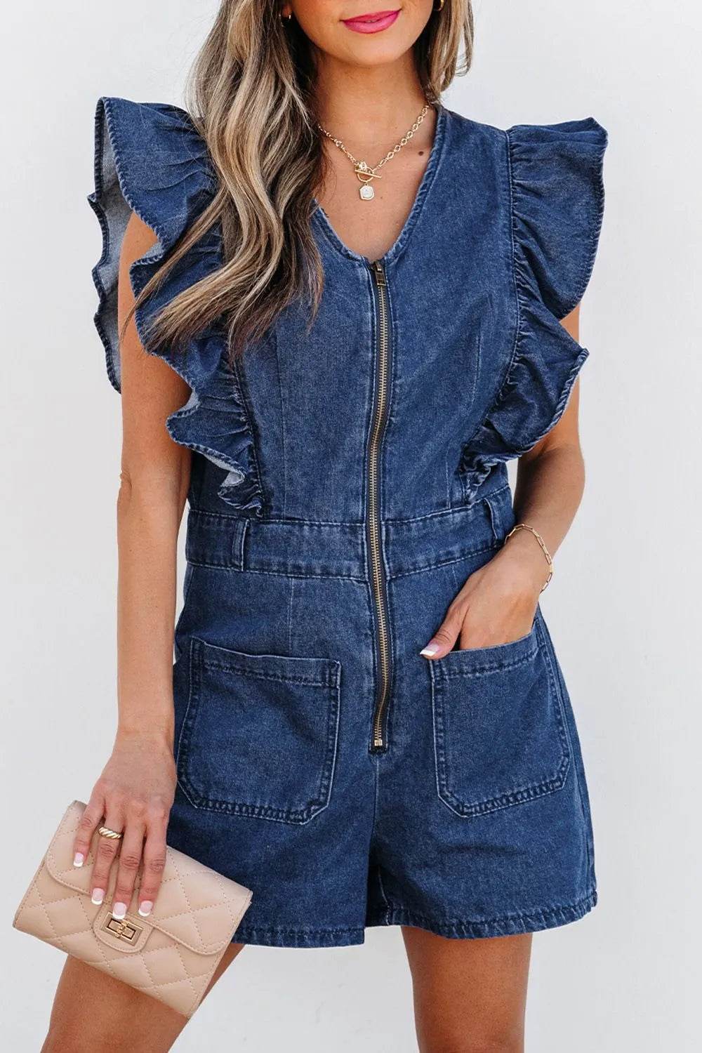 Denim Ruffled Zipped Front Belted Romper Trendsi 41d65560-5848-4f51-bbf9-d5d2bbfdd942-Max-Origin