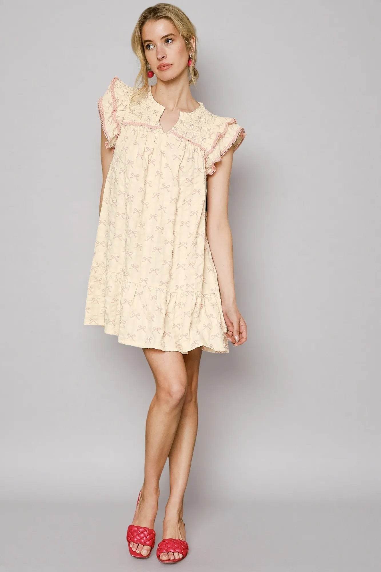 Umgee Bow Print Ruffled Cap Sleeve Mini Dress Trendsi 41f52384-c641-4764-b998-72fdae36668c-Max-Origin