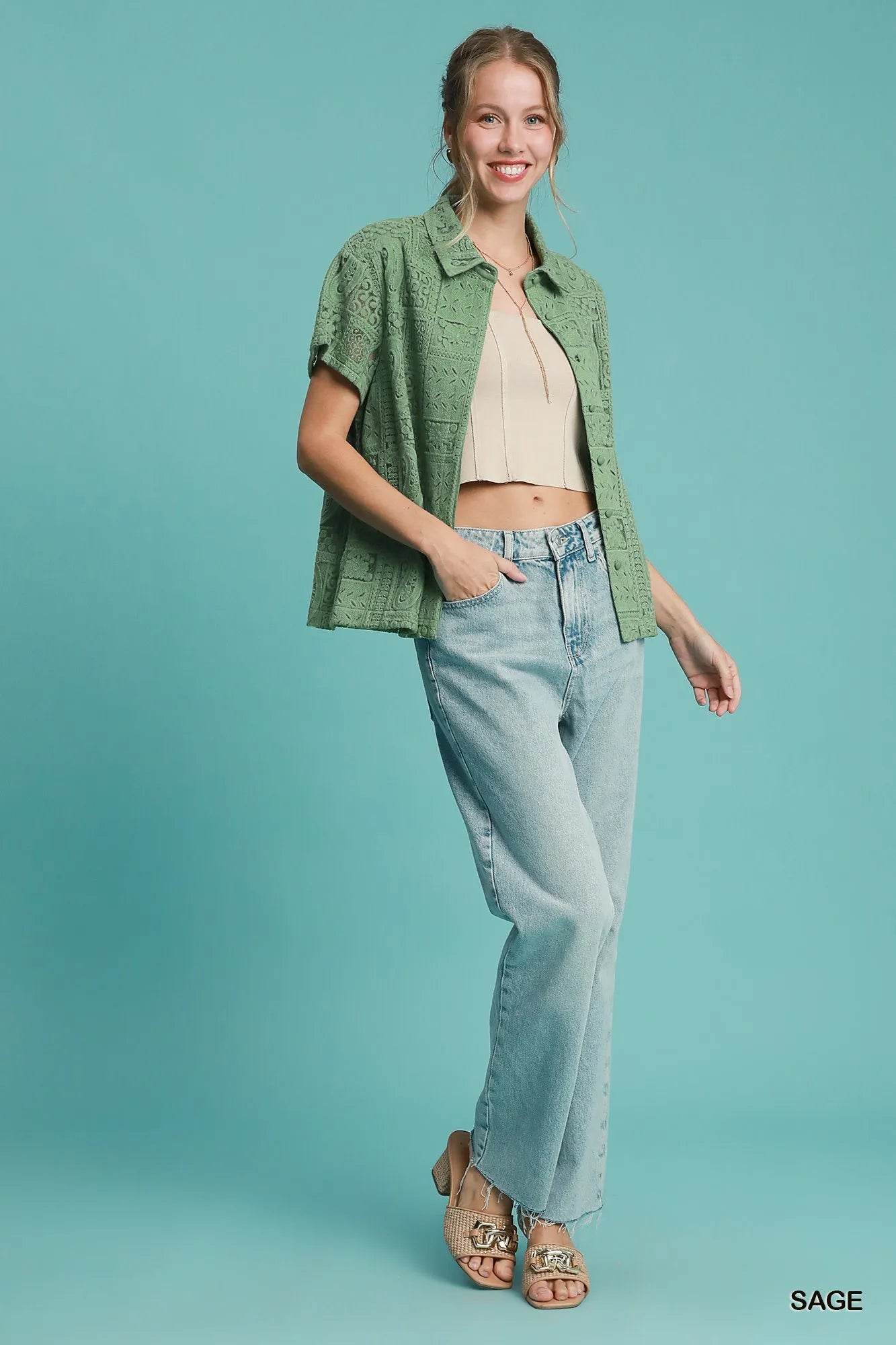 Umgee Patch Lace Short Sleeve Button Down Shirt Trendsi 420dd303-84ad-4b81-b472-f6d6d41f4e86-Max-Origin