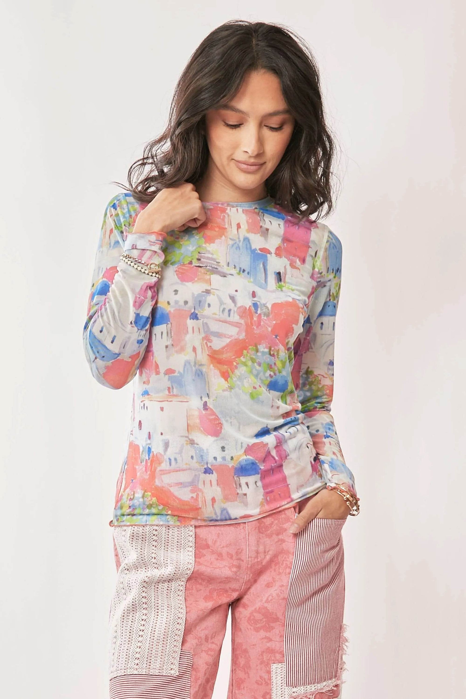 Davi & Dani Multi Printed Mesh Round Neck Long Sleeve Top Trendsi 421364d7211941b4bf729a517ed874fb-Max-Origin