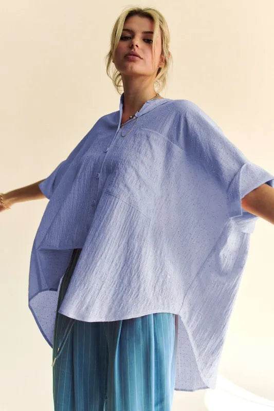 Davi & Dani Rhinestone Pleat Back Short Sleeve Loose Fit Shirt Trendsi 4213f005683c4854958d11793e421b91-Max-Origin