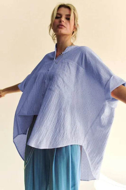 Davi & Dani Rhinestone Pleat Back Short Sleeve Loose Fit Shirt Trendsi 4213f005683c4854958d11793e421b91-Max-Origin