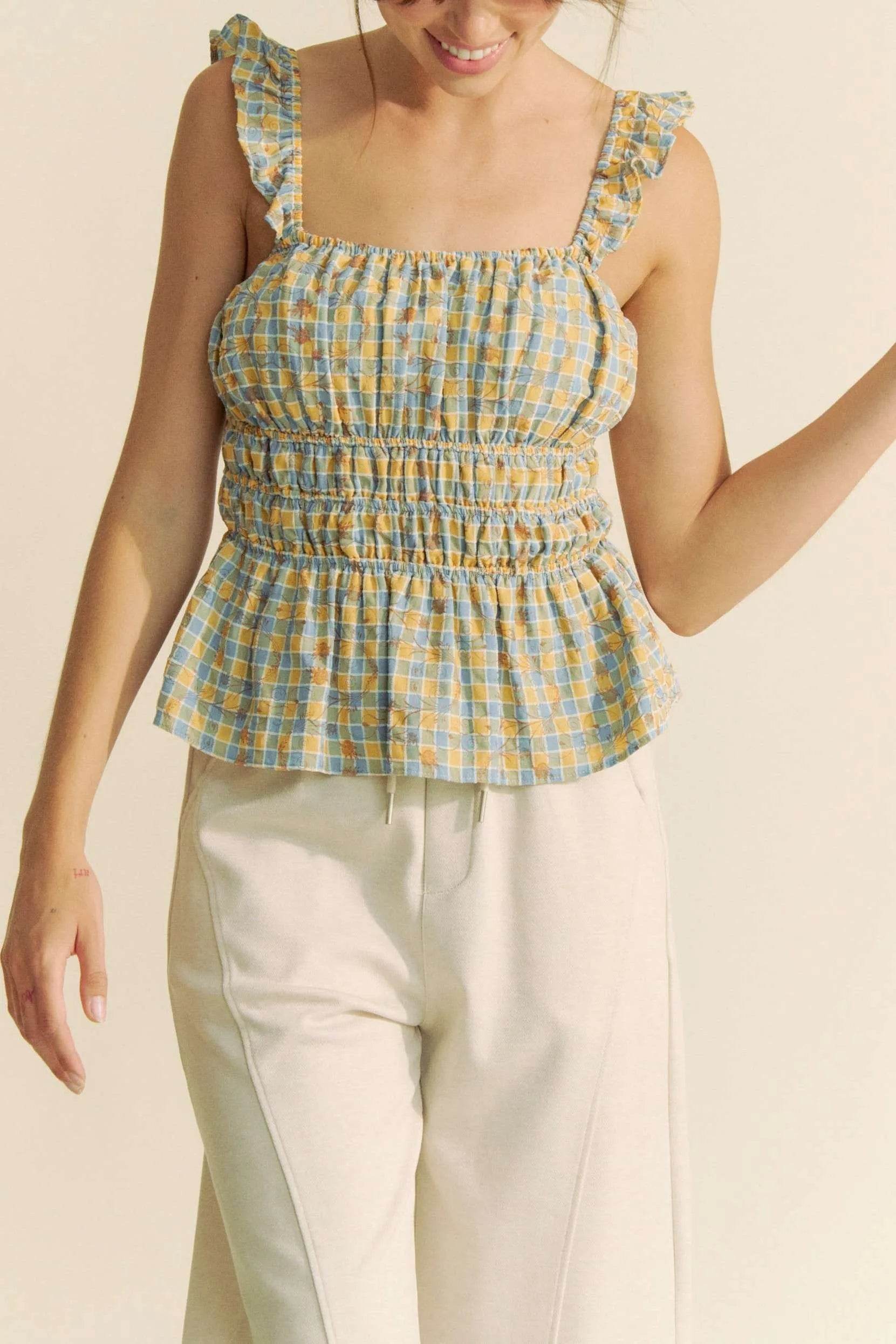 Davi & Dani Plaid Ruffled Strap Smocked Sleeveless Top Trendsi 4275193f949a413a8bbc658345ab2b28-Max-Origin