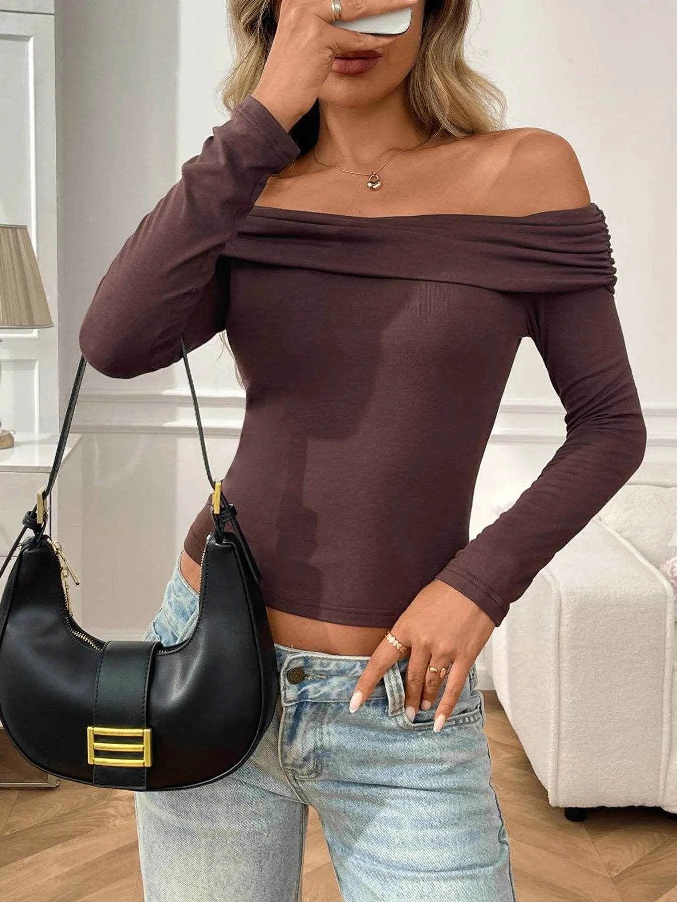 Off-Shoulder Long Sleeve Fitted T-Shirt Trendsi 427d9efa900645fa90a07fb0bcaee422-Max-Origin