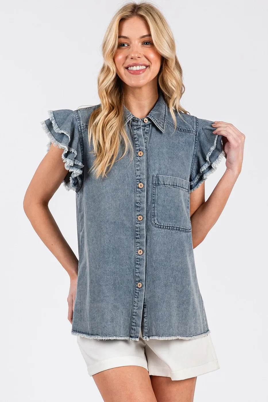Mittoshop Washed Denim Ruffle Short Sleeve Collared Shirt Trendsi 4280bf75bd824619a889f40fb3632848-Max-Origin