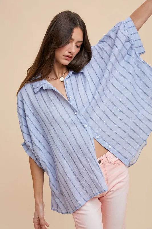 Annie Wear Striped Button Up Half Sleeve Shirt Lt Blue Trendsi 428b6549-374b-4227-afa4-dddb5885b507-Max