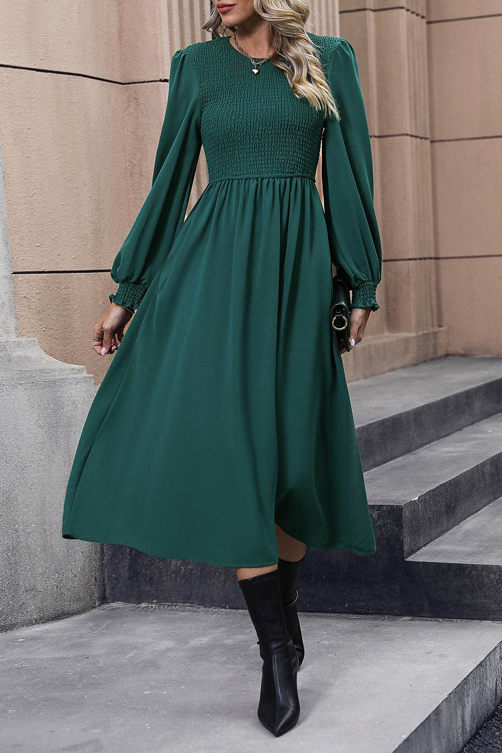 Perfee Smocked Long Sleeve Midi Dress Trendsi 42bd7fd830d94010b323dca7eae40484-Max