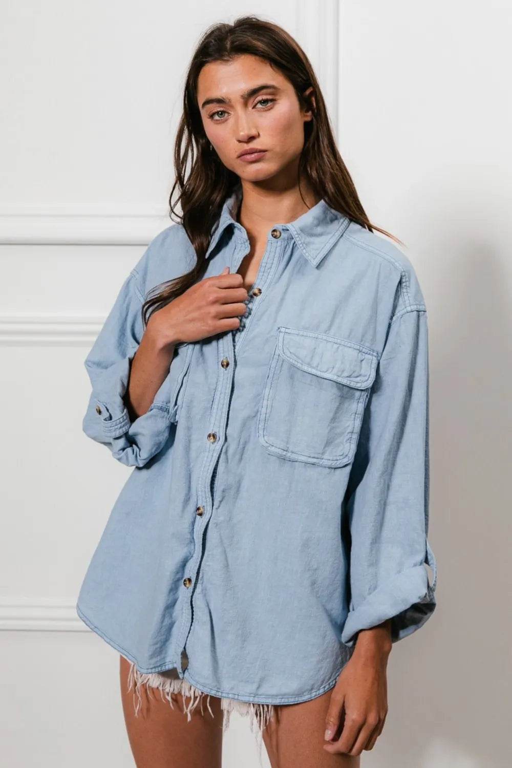 BiBi Button Down Stitch Detail Shirt with Chest Pockets Denim Trendsi 42bf680f-7001-45c2-b2c1-ac90dcb3884e-Max