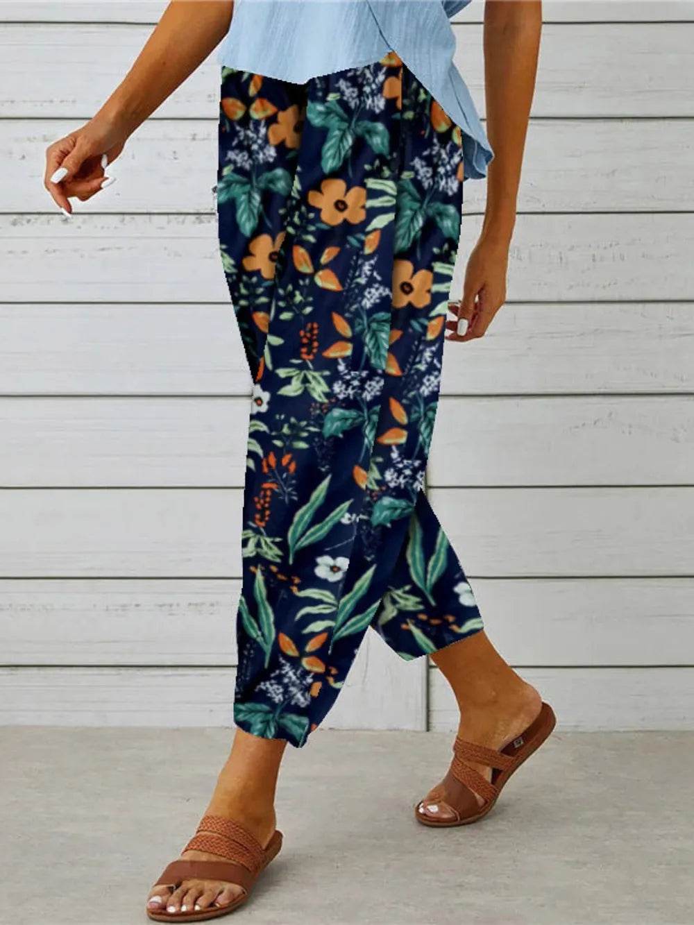 Printed Tied Cropped Pants Trendsi 42c6f2e2f8164efdbf77f093eb663482-Max