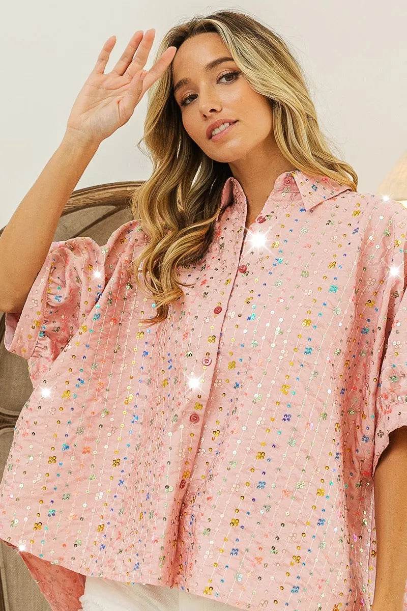 BiBi Sequin Striped Short Dolman Sleeve Blouse BLUSH Trendsi 42cef37cbfc441ee9890aad77597f905-Max-Origin
