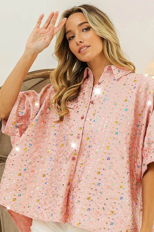 BiBi Sequin Striped Short Dolman Sleeve Blouse BLUSH Trendsi 42cef37cbfc441ee9890aad77597f905-Max-Origin