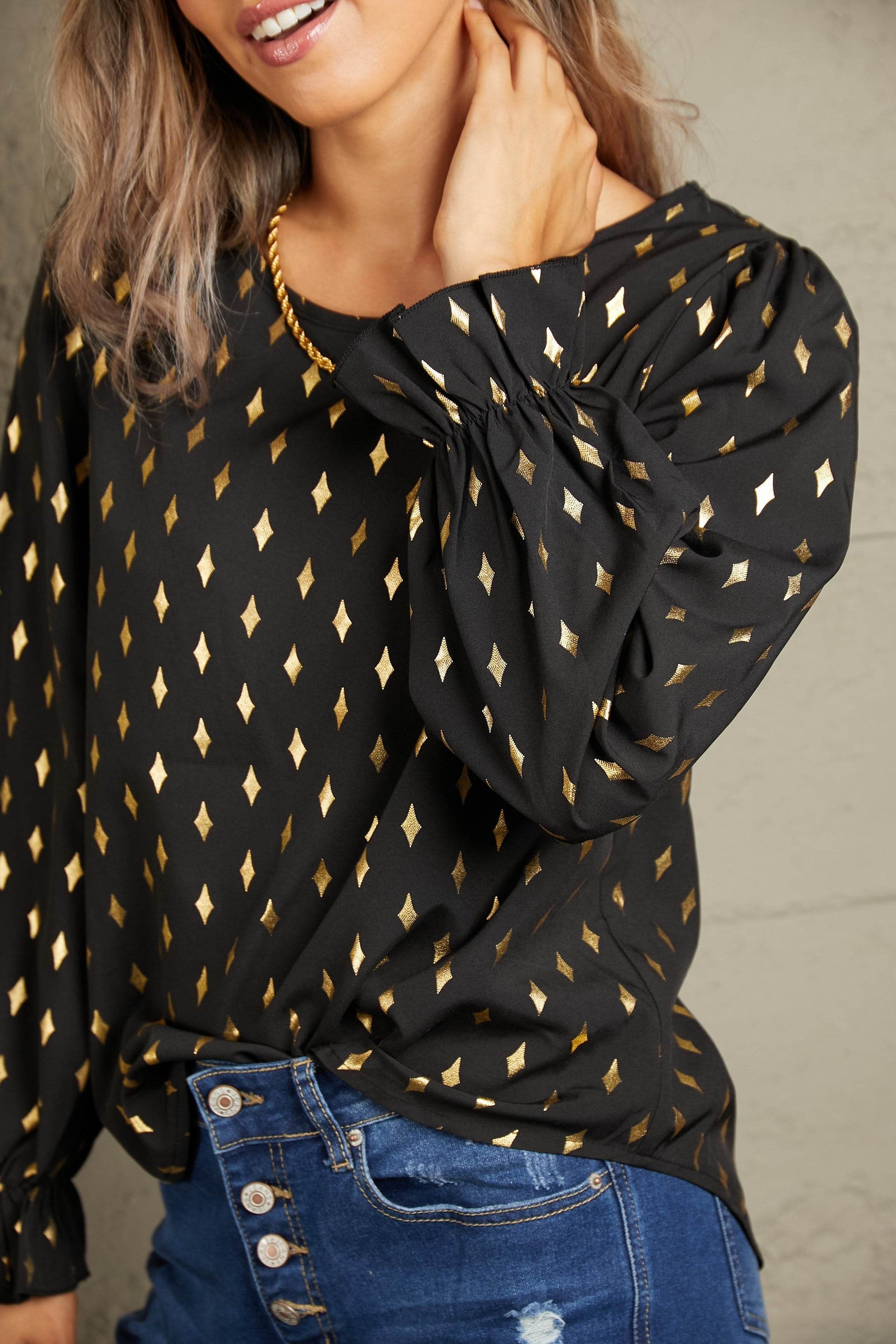 Perfee Printed Round Neck Flounce Sleeve Blouse Trendsi 42d6166d53be49e683d167aac976e6ee-Max