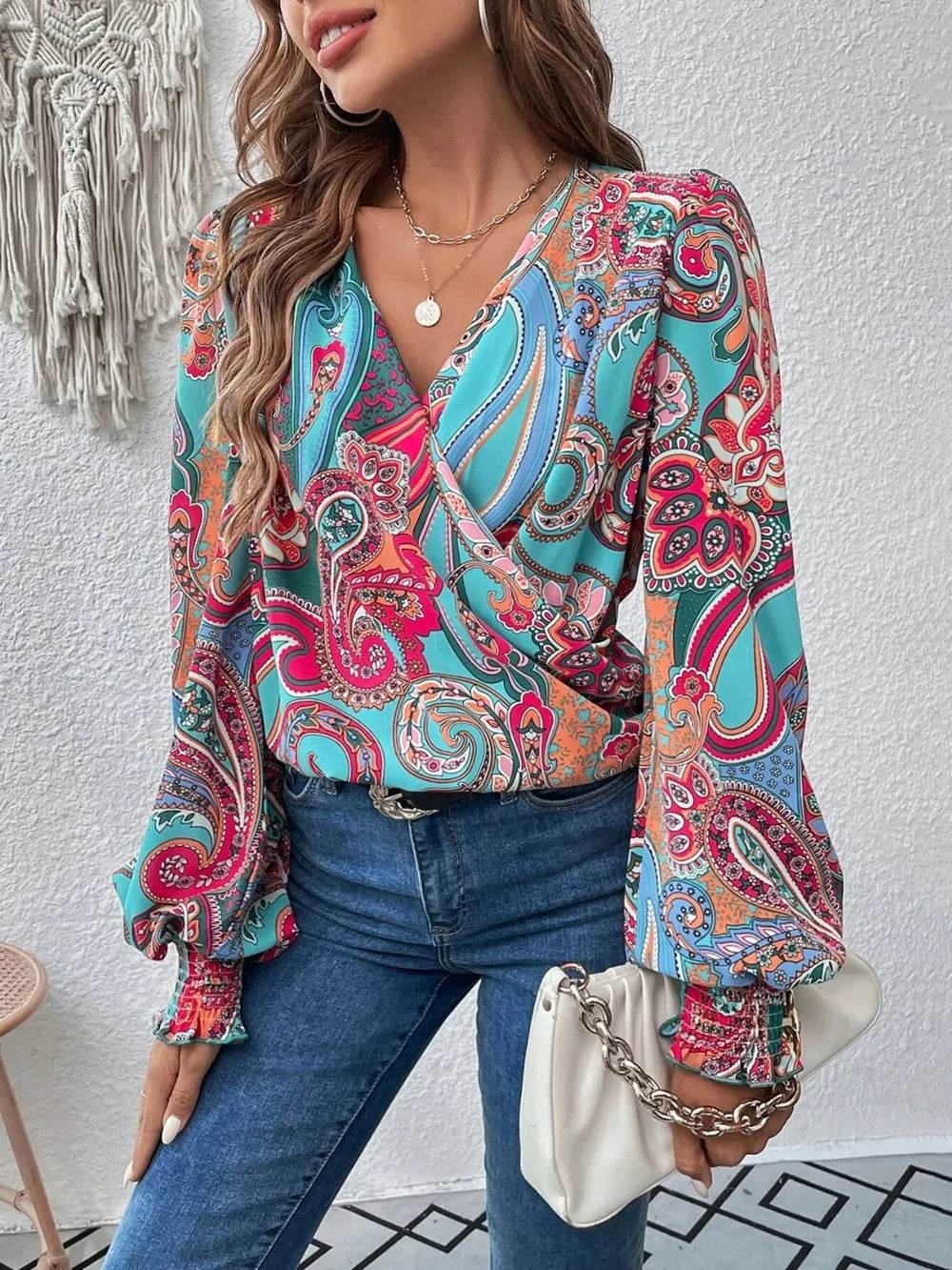 Printed Surplice Smocked Lantern Sleeve Blouse Trendsi 42df0312bc214fabbf369445866797a2-Max