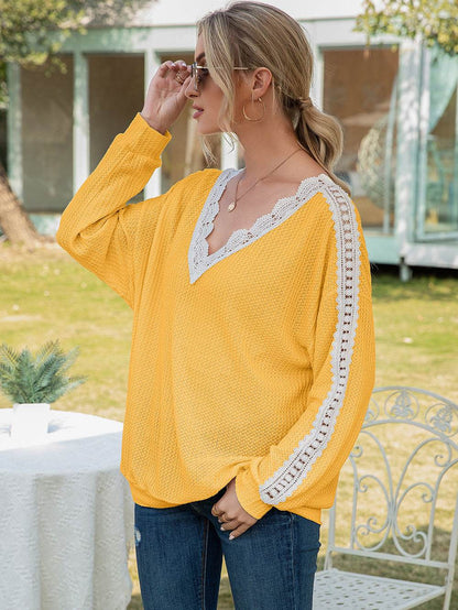 Ivy Lane Contrast Spliced Lace V-Neck Top Gold Trendsi 42f7e17799aa49789109f79d0976ea99-Max
