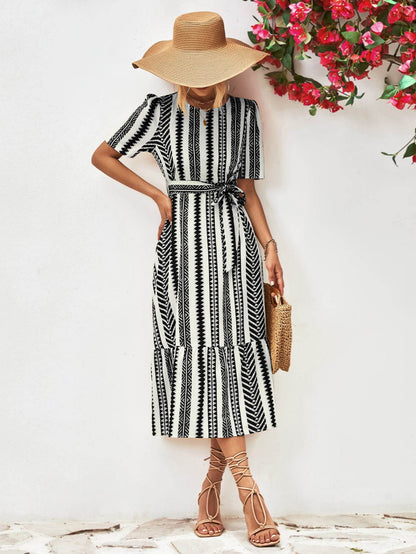 Striped Tie Belt Round Neck Puff Sleeve Dress Trendsi 42fbd030b63841f0b6ea1539328453dd-Max