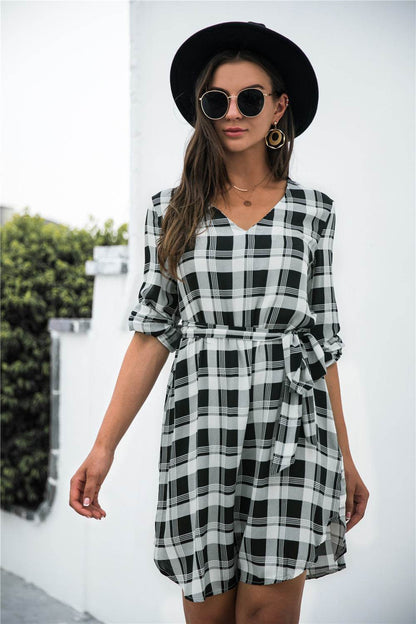 Plaid V-Neck Tie Waist Dress Black Trendsi 43115eee8f4746d4a7d36856f2badea9-Max