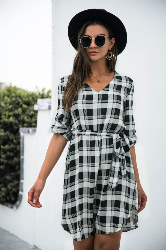 Plaid V-Neck Tie Waist Dress Black Trendsi 43115eee8f4746d4a7d36856f2badea9-Max