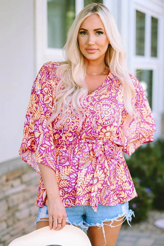 Floral V-Neck Tie Front Ruffled Blouse Blush Pink Trendsi 431e2754679645ffacb5a778cce2488a-Max