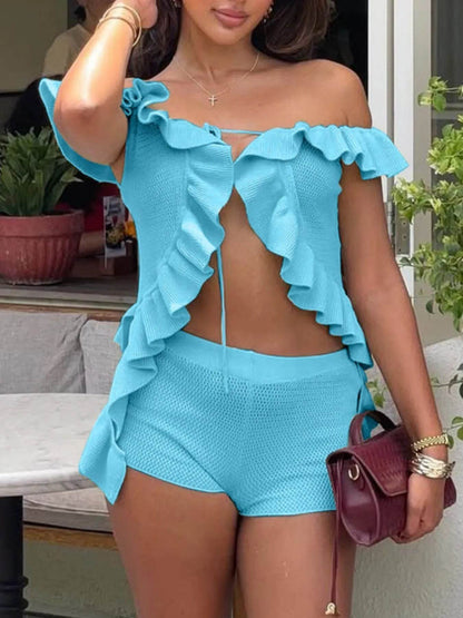 Off-Shoulder Ruffle Top and Shorts Sweater Set Trendsi 43292f55-c9b8-461f-aa07-c99a07d91721-Max-Origin