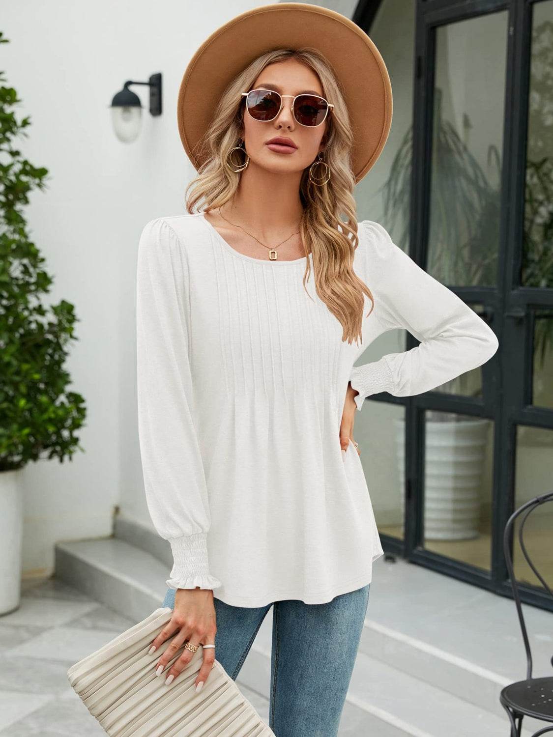 Smocked Round Neck Lantern Sleeve Blouse Trendsi 43323fbc3ec649f58c15d59f81596efc-Max