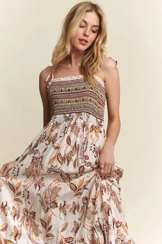 ADORA Smocked Printed Square Neck Tie Shoulder Cami Dress Ivory Trendsi 4363de05-58dc-4aca-a280-a8fb27e744f7-Max