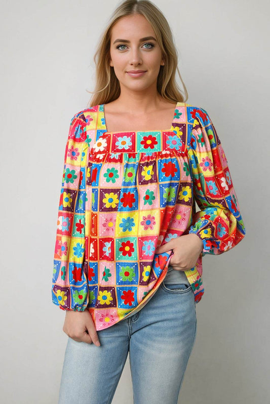 Printed Square Neck Balloon Sleeve Top Multicolor Trendsi 4364d9be011e433a9f3aafed74af4641-Max