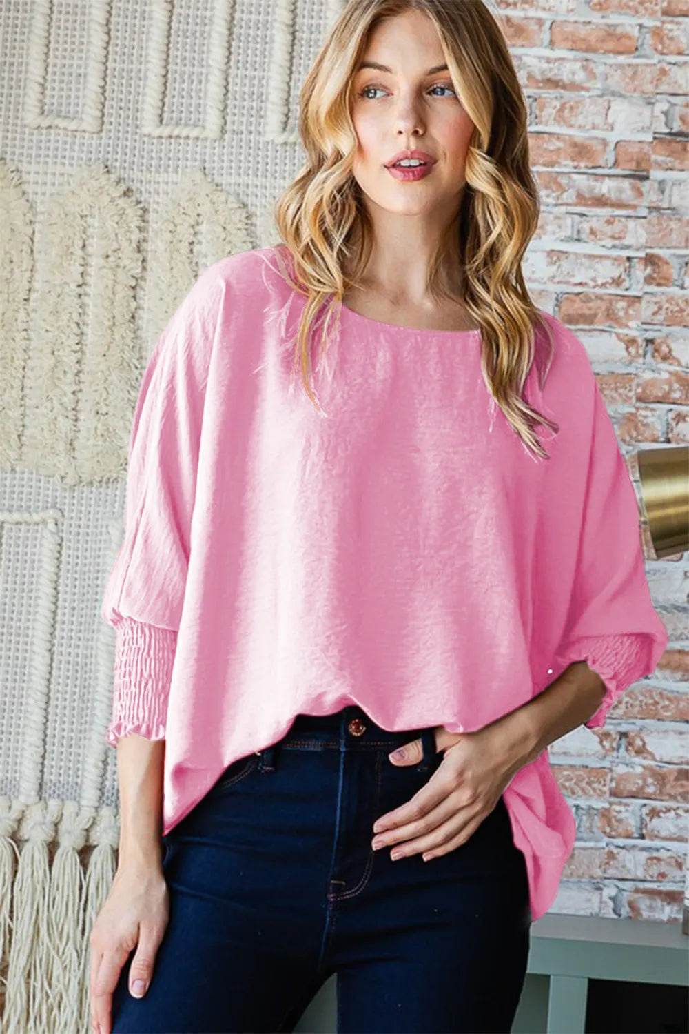 Reborn J Texture Round Neck Smocked Half Sleeve Top Trendsi 43674f81-156b-477e-aefb-61b7be18cc0e-Max