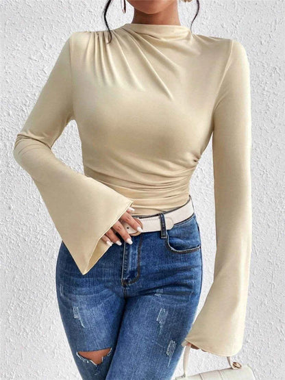 Bell Sleeve Ruched Fitted T-Shirt with Mock Neck Trendsi 437550ed217e4e199968184f4670e246-Max-Origin